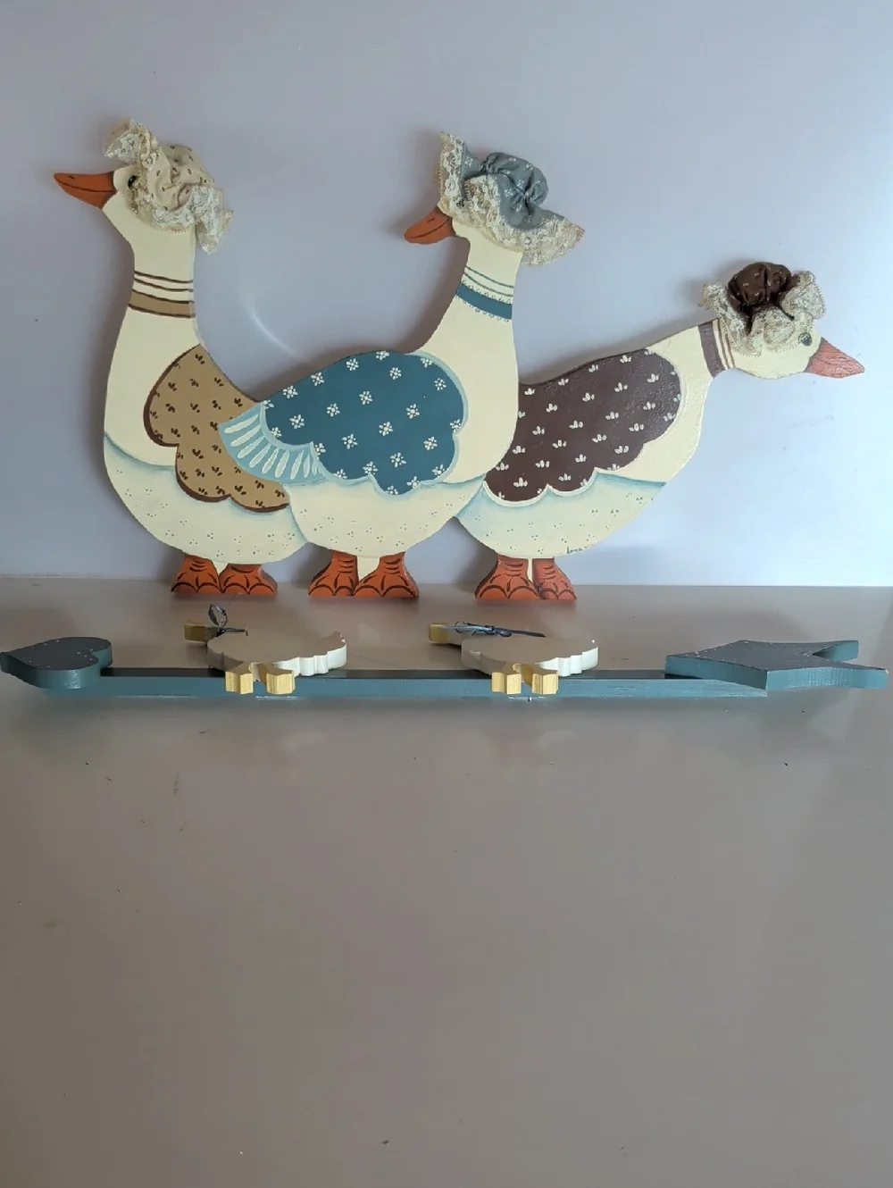 2 Wooden Decorative Ducks / Geese Wall Decor, Blue, Brown and Tan.